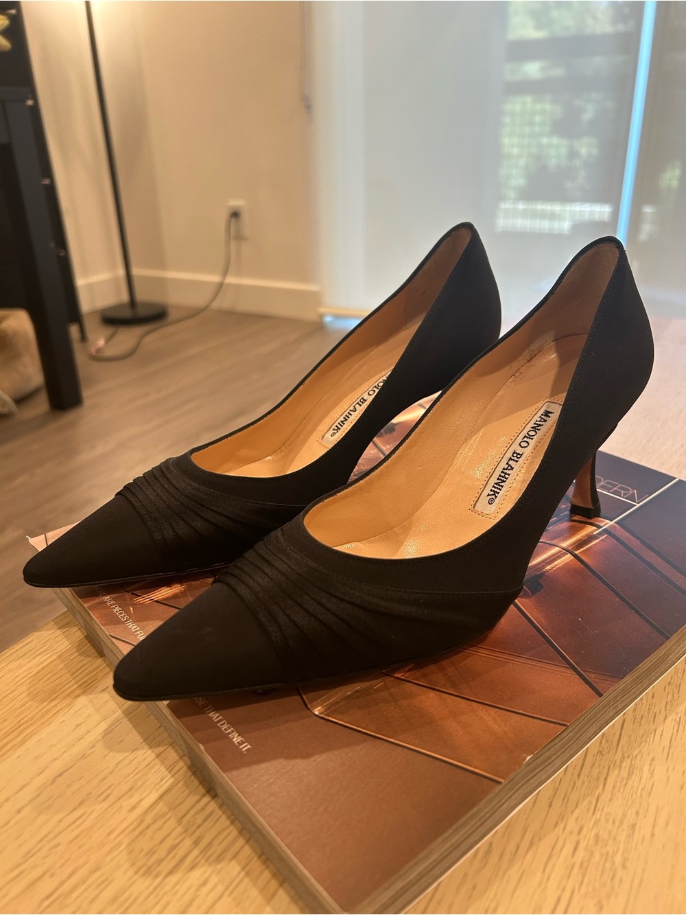 Manolo Blahnik Black Satin Pointed Heels